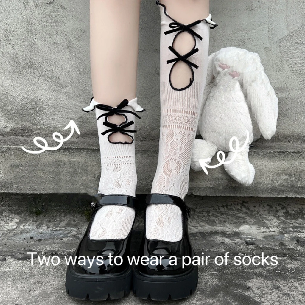 Hollowed-Out Mesh Socks For Women Jk Double Spring Summer Thin Lace Bow Mid-Calf Lolita
