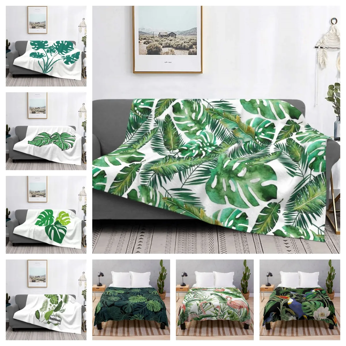 

Monster Banana Palm Leaf Throw Blanket Tropical Theme Blanket Green Giant Leaves Queen Size Fleece Blankets for Sofa or Bed