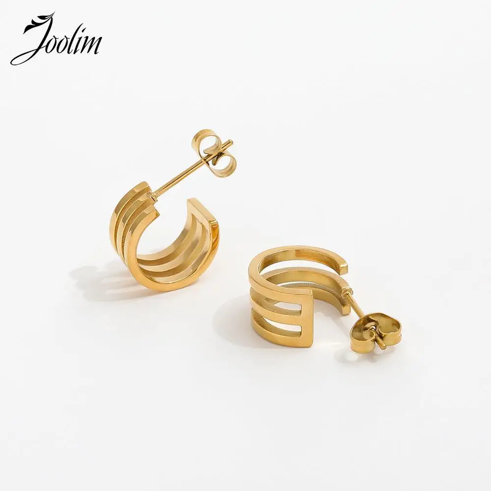 

Joolim Jewelry High Quality 18K PVD Plated Permanent Fashion Three layer Hollow C-shaped Hoop Stainless Steel Earring for Women
