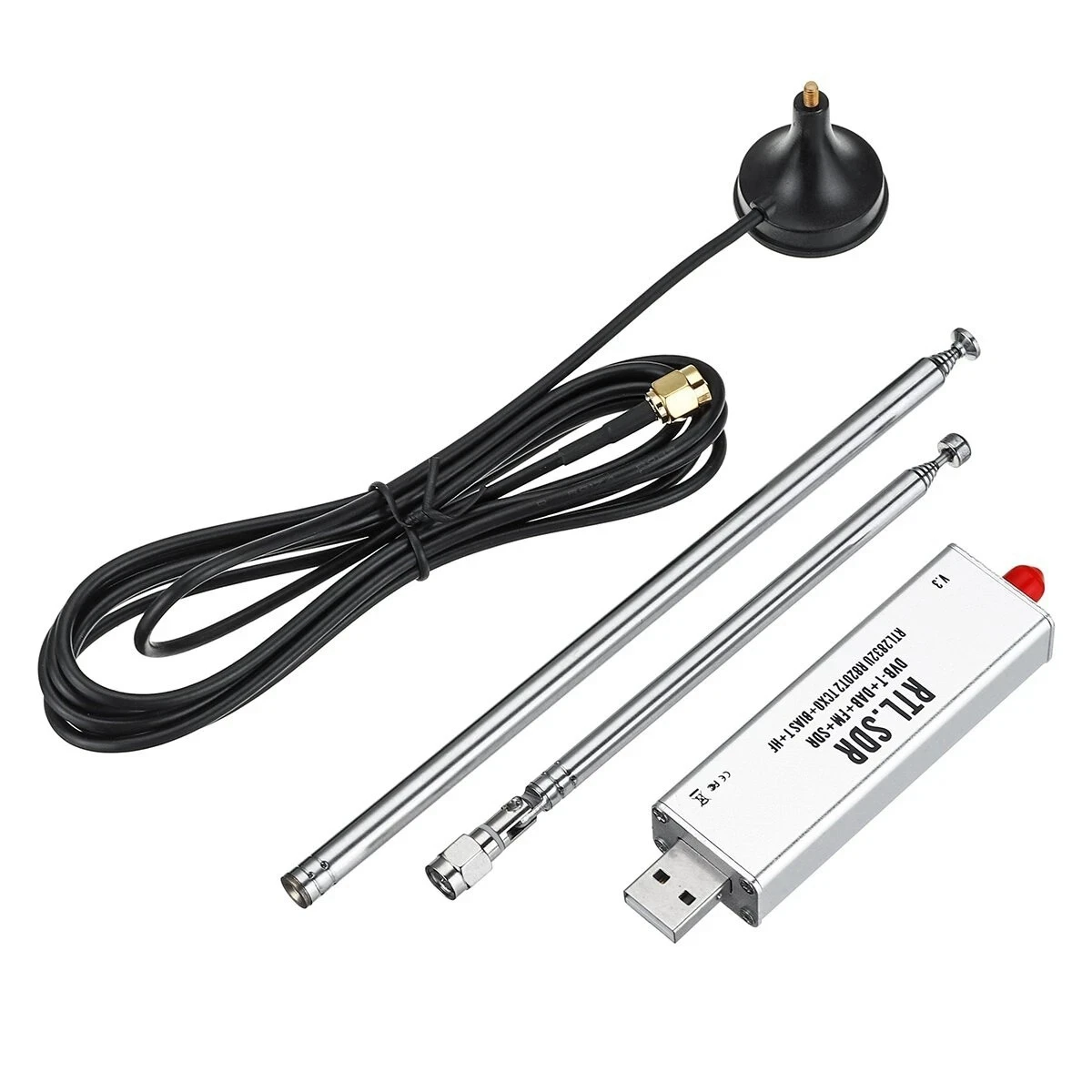 

-SDR R820T2 V3 RTL2832U Tuner + Telescopic Antenna Tuner + Antenna Base