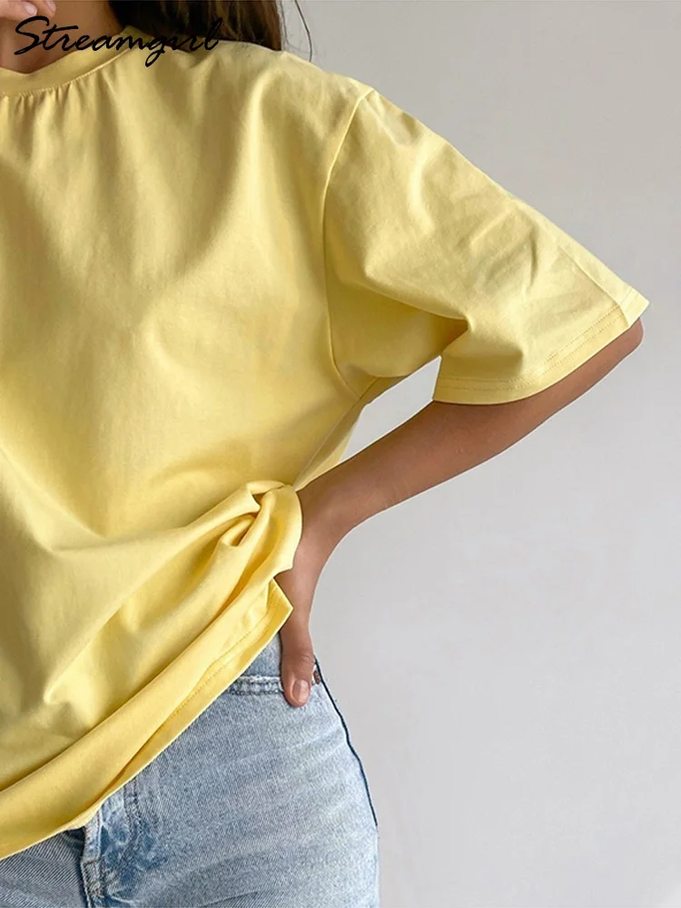 

100% Cotton Yellow T shirt Women Basic 2022 Summer White Tops Female Loose Tshirt Soft Solid T shirts For Women Tee Shirt Femme