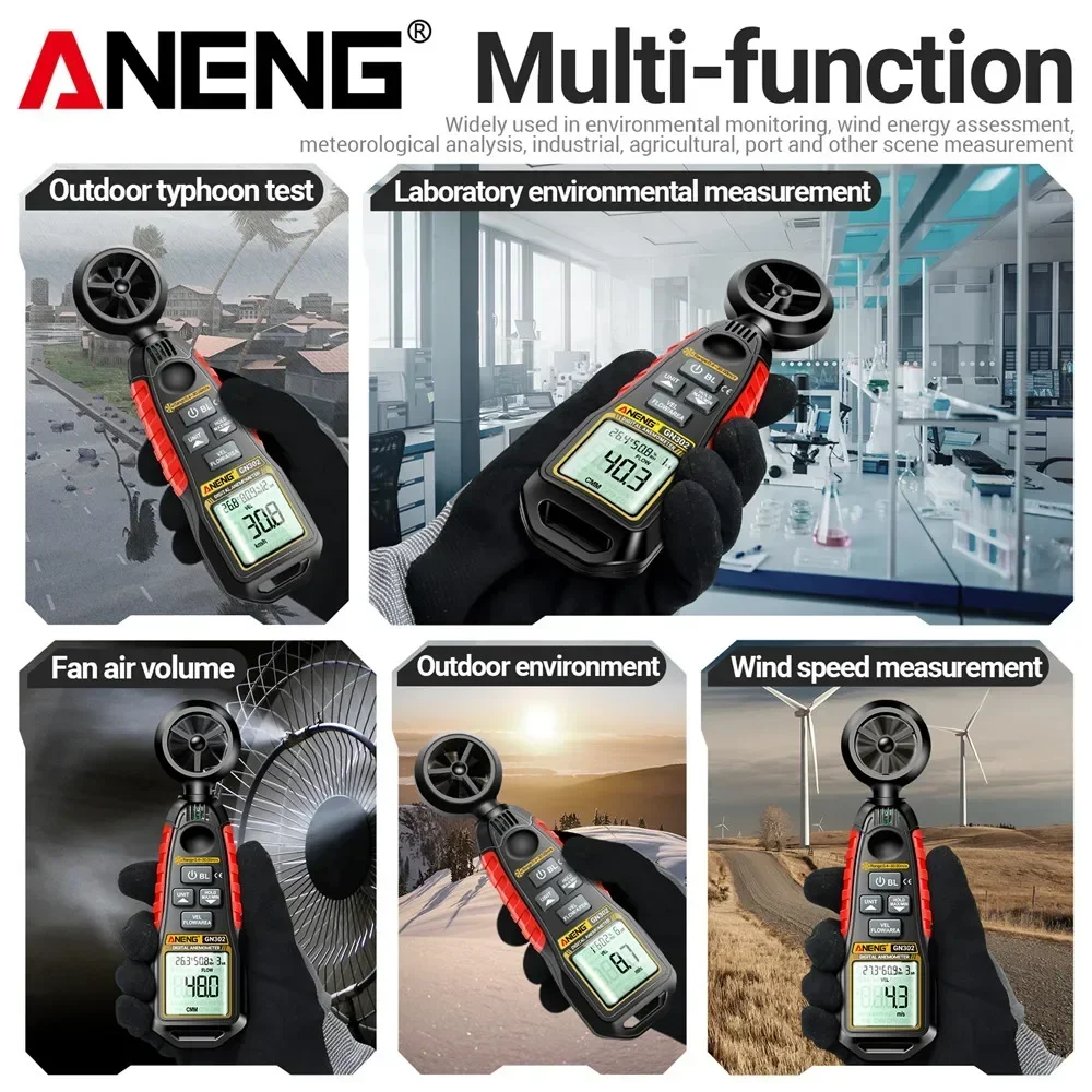 Фото Ручной анемометр ANENG GN302, 9999 отсчетов, цифровой 0,4 ~ 30,00 М/с, измеритель скорости ветра,-C ~ C, тестер температуры №4