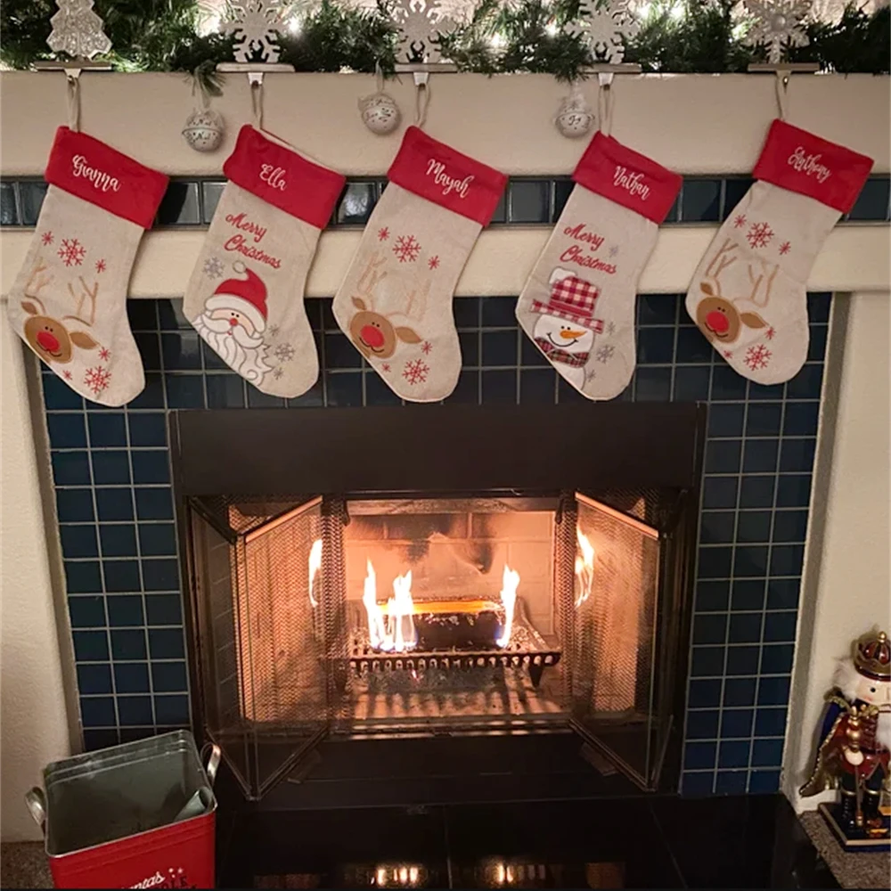 

Custom Name Santa Socks Christmas Decoration Stocking Linen Embroidered Name Christmas Sock Christmas Gift Bag Kids Candy Bags