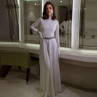 oimg glitter a line wedding dresses high neck long sleeves crystal sash women modest bride dress sparkly formal occasion gown