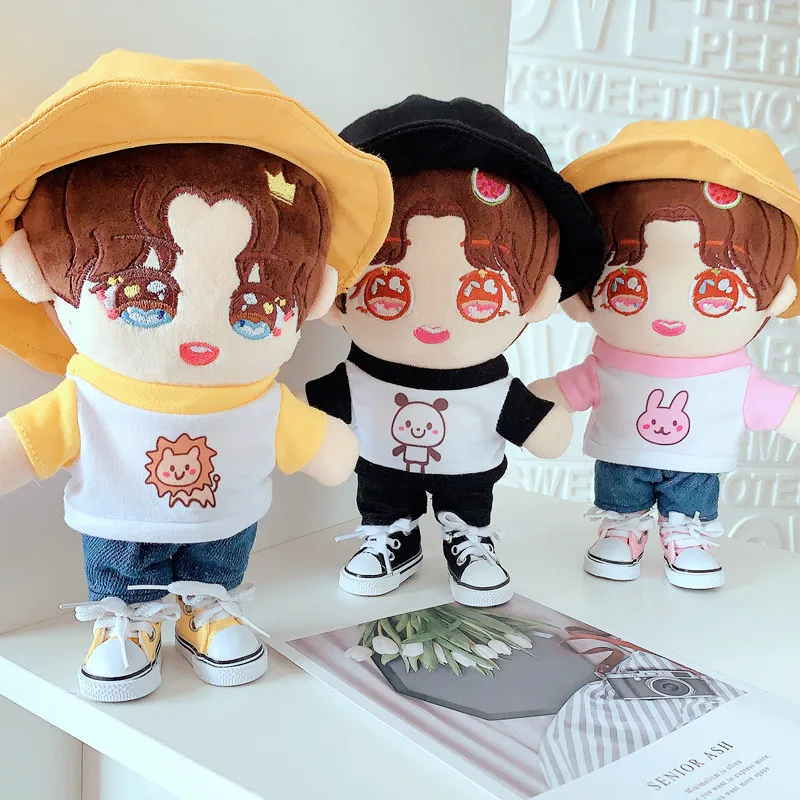 

NEW 20cm Clothes Plush For Idol Doll Clothes Stray Kids Stuffed Animal Cute Cartoon Fisherman hat Jeans canvas shoe Fans Gift