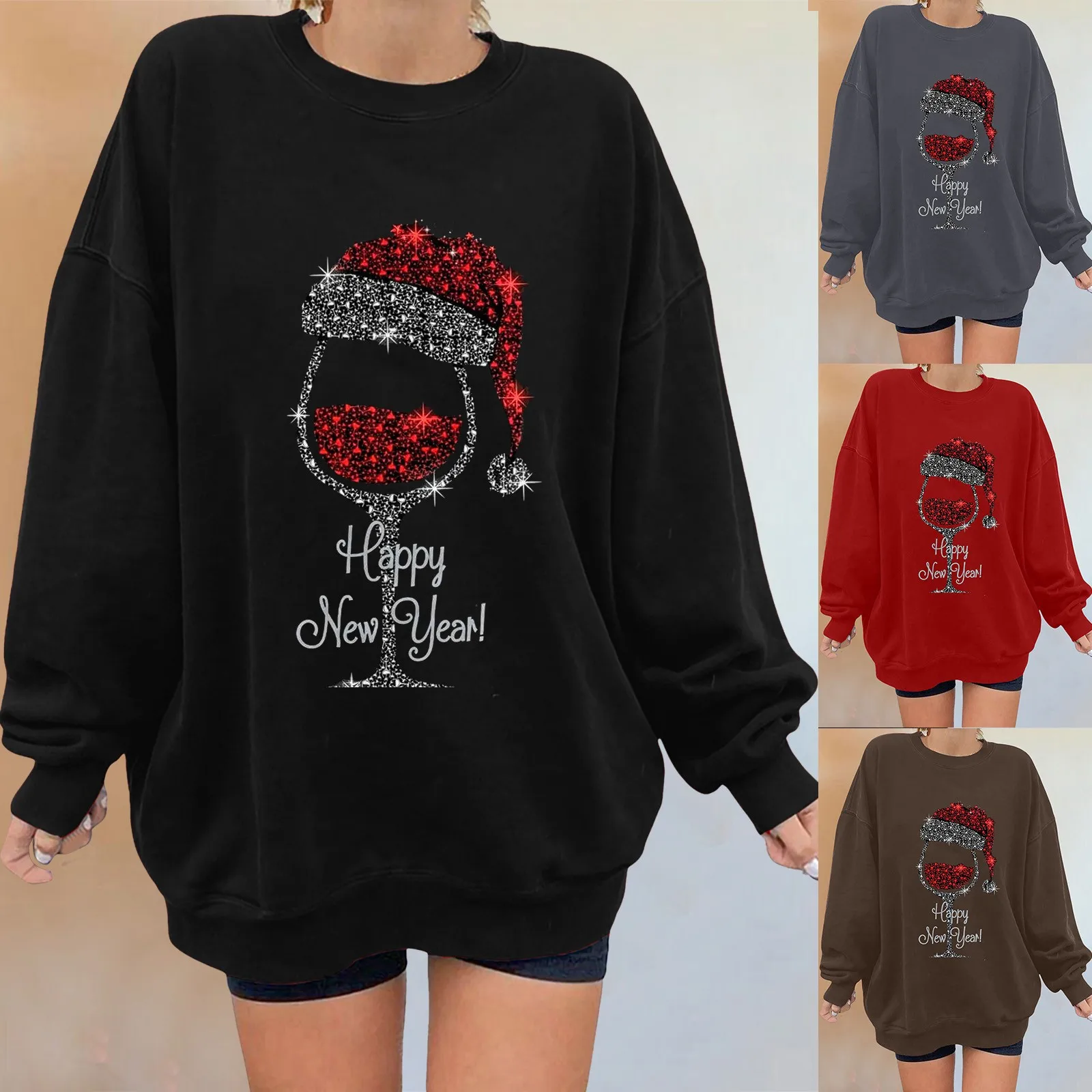 

Womens Autumn Winter Casual Hoodless Sweatshirt Christmas Wine Glass Print Long Sleeve Pullover Sweatshirt Cinched Bottom Blouse