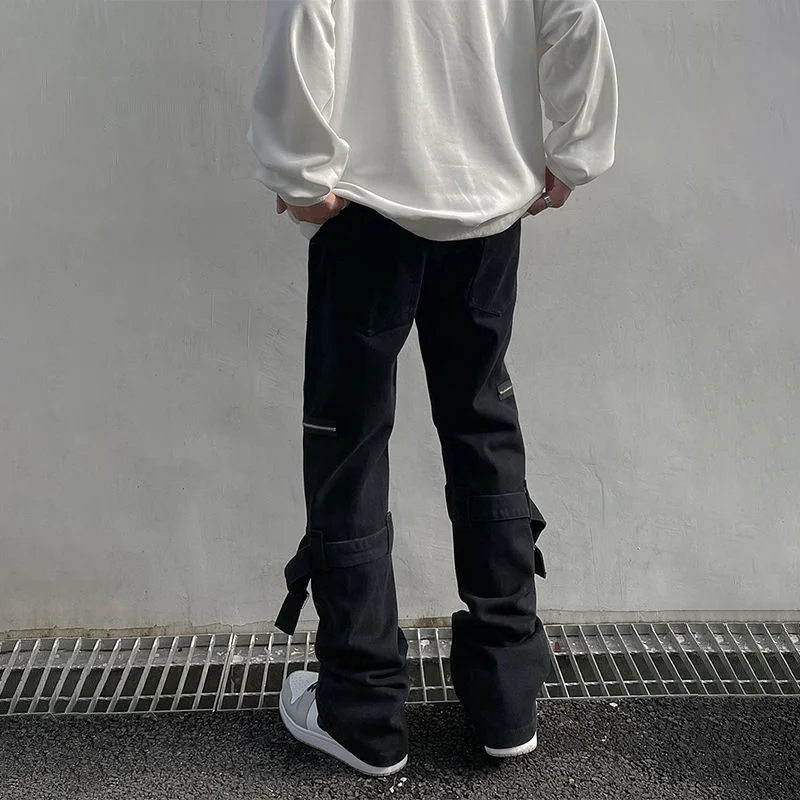 DEEPTOWN Techwear Cargo Micro-flared Jeans for Men Black Pants Designer Hip Hop Denim Trousers Male Zippers Streetwear Spring