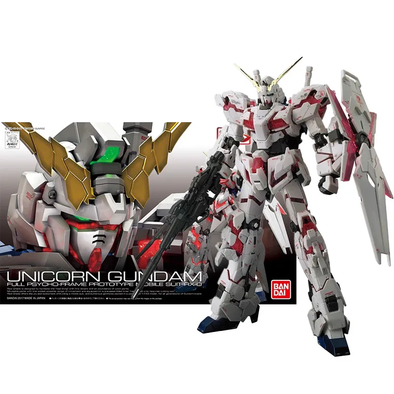 Фото Оригинальная сборная модель Bandai Anime UNICORN GUNDAM RG 1/144, игрушка-фигурка, подарок, коллекционные украшения для мальчиков и детей №1