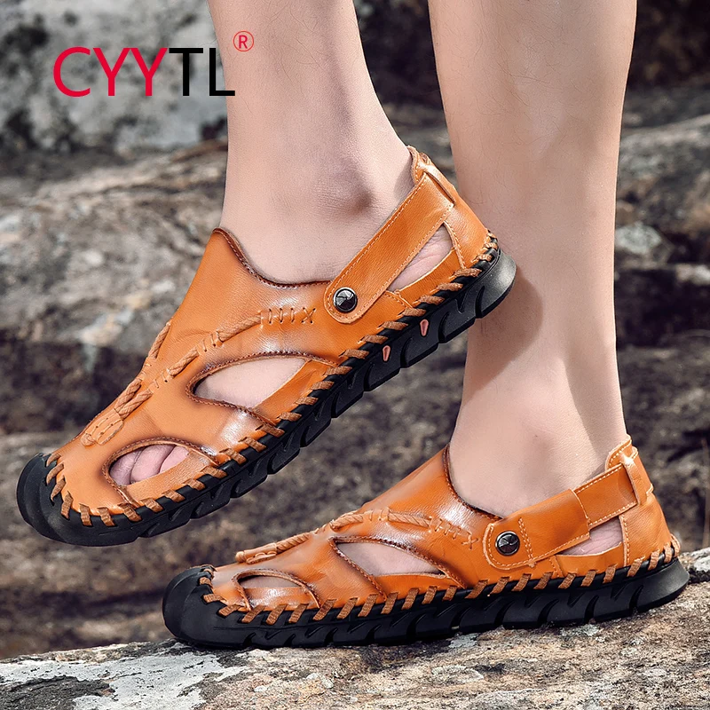 

CYYTL Plus Size Hot Sale Men Sandals Leather Closed Toe Beach Shoes Outdoor Walking Slippers Male Soft Sport Fisherman Slippers