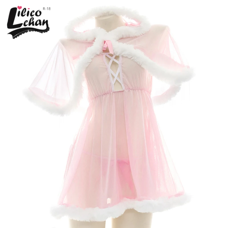 

Chiffon Transparent Women Kawaii Sexy Sleepwear Pink Cute Hollow Plush Mini Dress Tempatation Maid Cloak Costume Lovely Lingerie