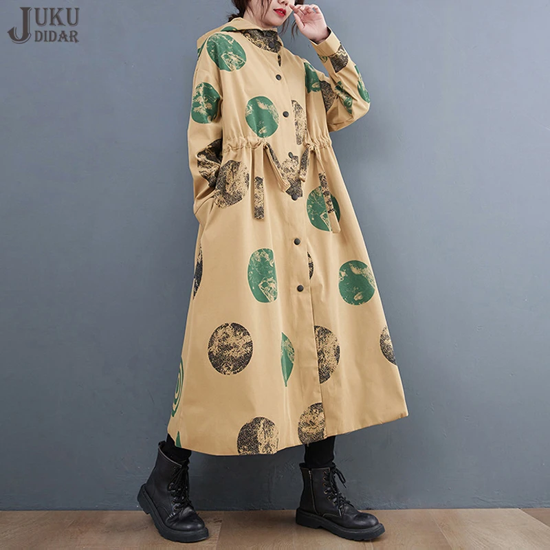 

New Woman Winter Clothing Khaki Black Dots Printed Big Size Loose Fit Hooded Trench Coat Unique Windbreaker Long Jackets JJTC002