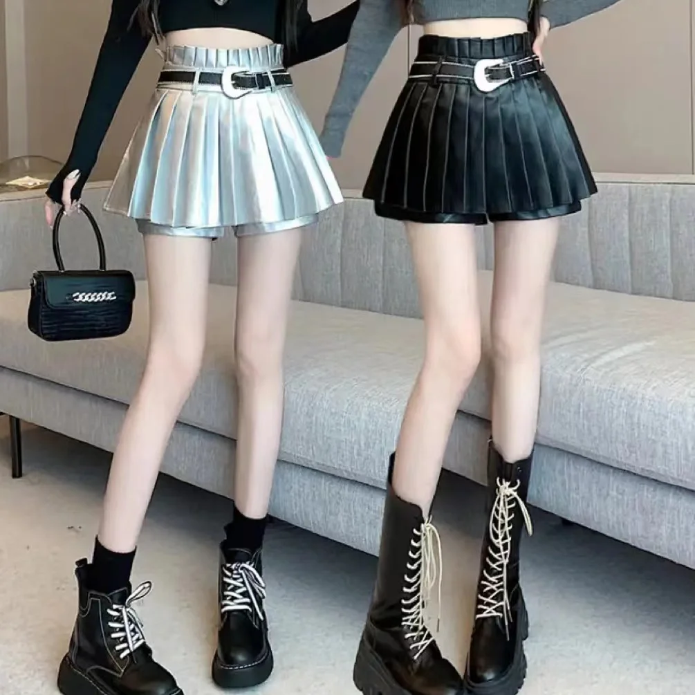 

Streetwear Sexy Black Silver Pleated Mini Skirt with Belt Women High Waist Pu Leather Skirt Shorts Girls Cool Y2k A-line Skirts