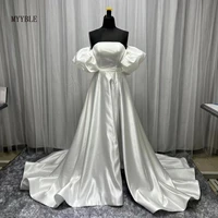 plus size sexy satin wedding dress court train beach bridal dresses 2022 puff short sleeve wedding gowns plus size strapless