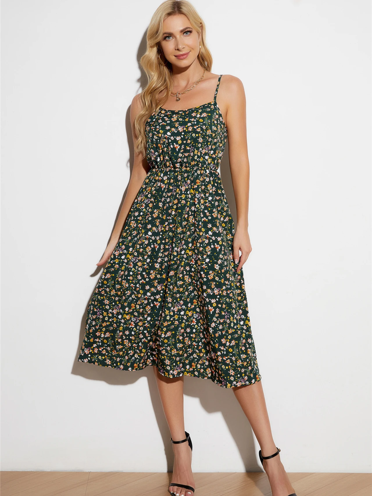 

2022 European and American new fashion printed high-waisted halter floral dress women clothes