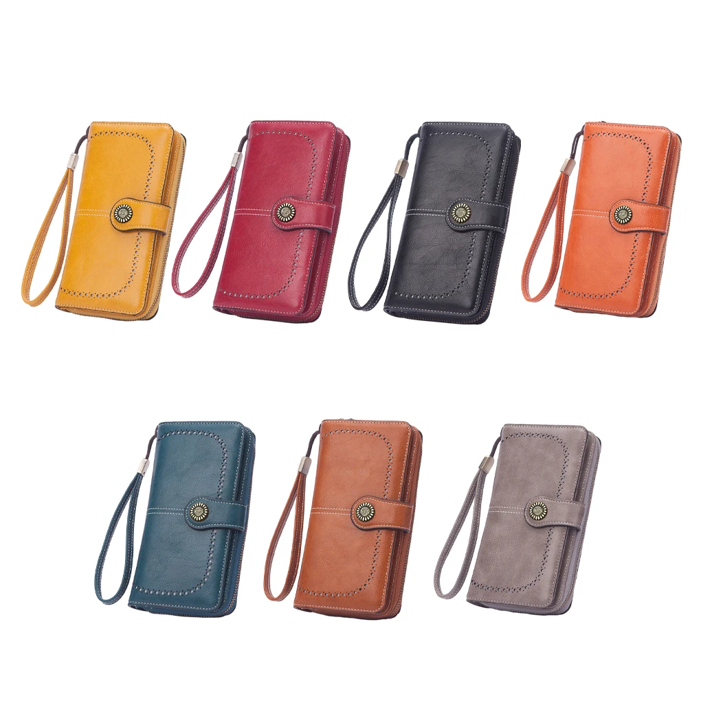 

Women Wallet Vintage Style Oil Wax PU Purse Large Capacity Female Hollow Lady Solid Color Card Holder Coins Bag Orange