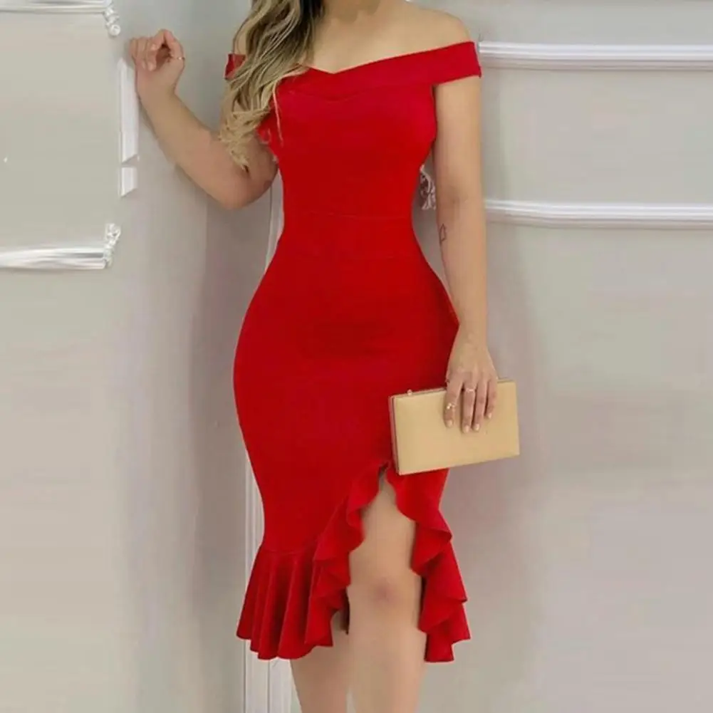 

Женское платье для выпускного вечера, однотонное платье без рукавов с оборками и открытыми плечами, облегающее бальное платье с плотной тал...