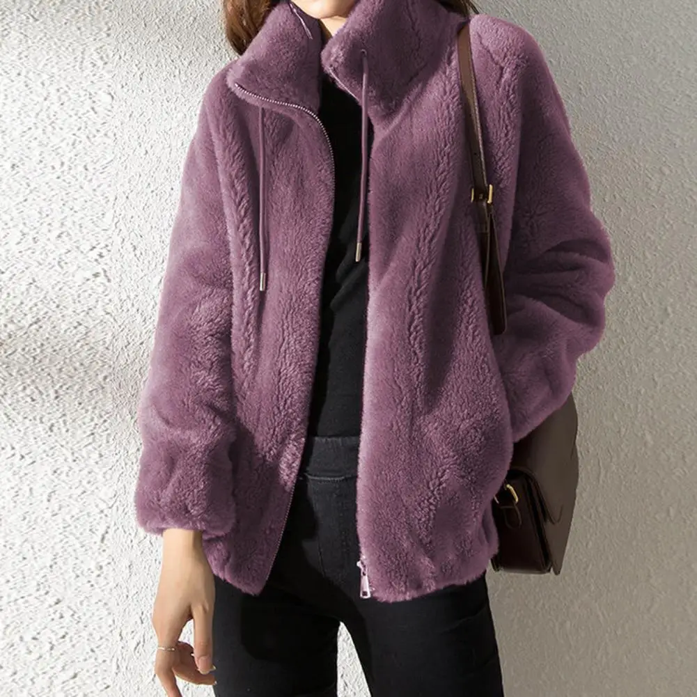 

Winter Coat Plush Zipper Placket Stand Collar Long Sleeves Solid Color Drawstring Warm Cozy Pure Color Winter Jacket Blazer Tops