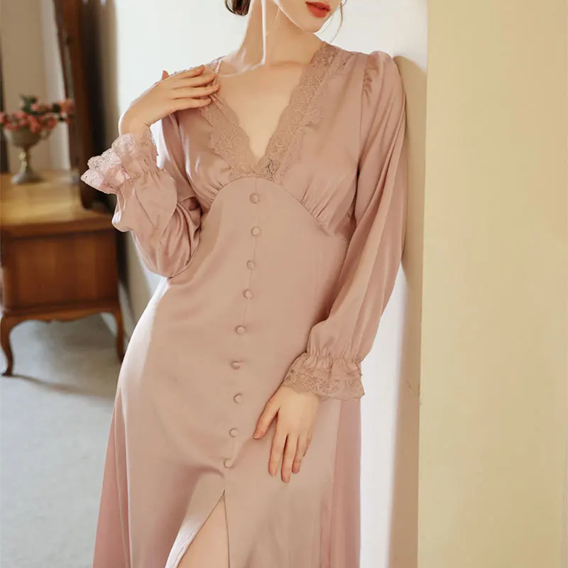 The New High Quality Sexy Women NightwearIce Sleep Dress Silk Nightdress French Vintage Nightgowns Princess Long Skirt Sleepwear