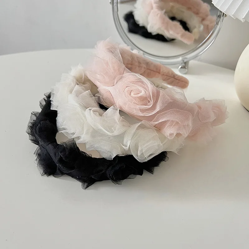 

Light luxury socialite niche designer gauze three-dimensional flowers widened high cranial top hair hoop headbands for women