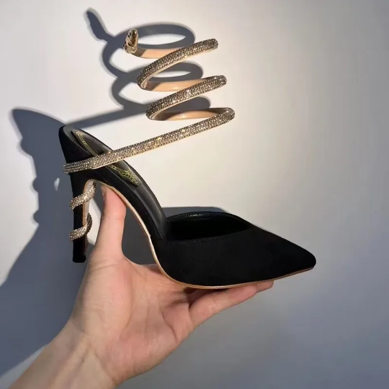 

Snake Wrapped Rhinestone Pointed High Heels Women's Thin Heels New Sexy Baotou Roman Sandals