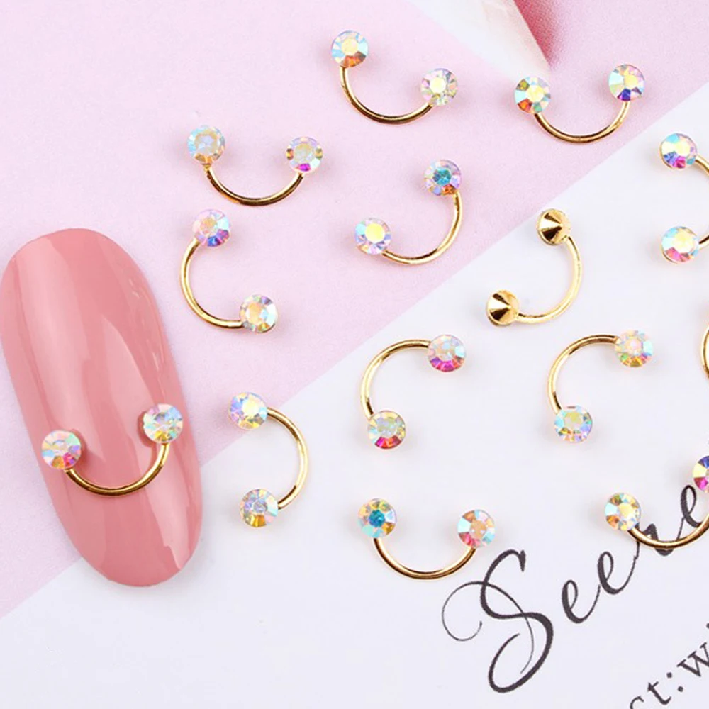

10Pcs/Lot Diamonds AB Semiring Charms Pearl Smile Shape For Nail Rhinestones Metal Studs Accessories Crystal 3D Metal Stud Tips