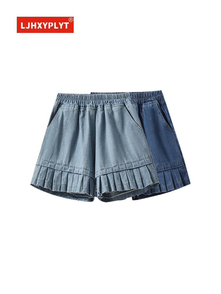 Джинсовые шорты с завышенной талией кружевные синие плиссированные летние новые