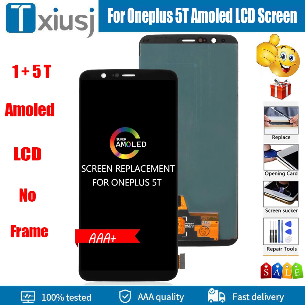 ЖК-дисплей для OnePlus 5T A5010, AMOLED дисплей без рамки, запасные части