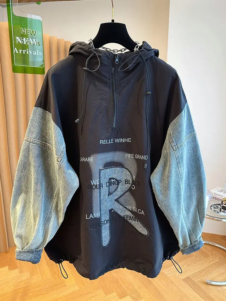 Очень большой размер 300 фунтов европейская ниша свободная джинсовая толстовка с