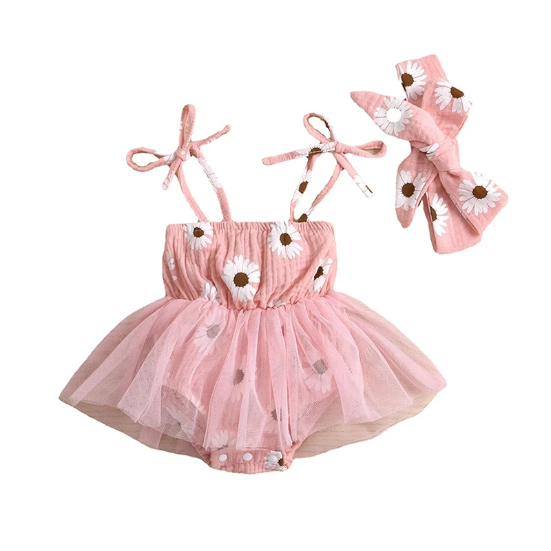 

Newborn Baby Girls Romper Headband Summer Outfits 2 piece Sunflowers Printed Strap Belt Lace Tutu Jumpsuits Dress Outfits 0-18M