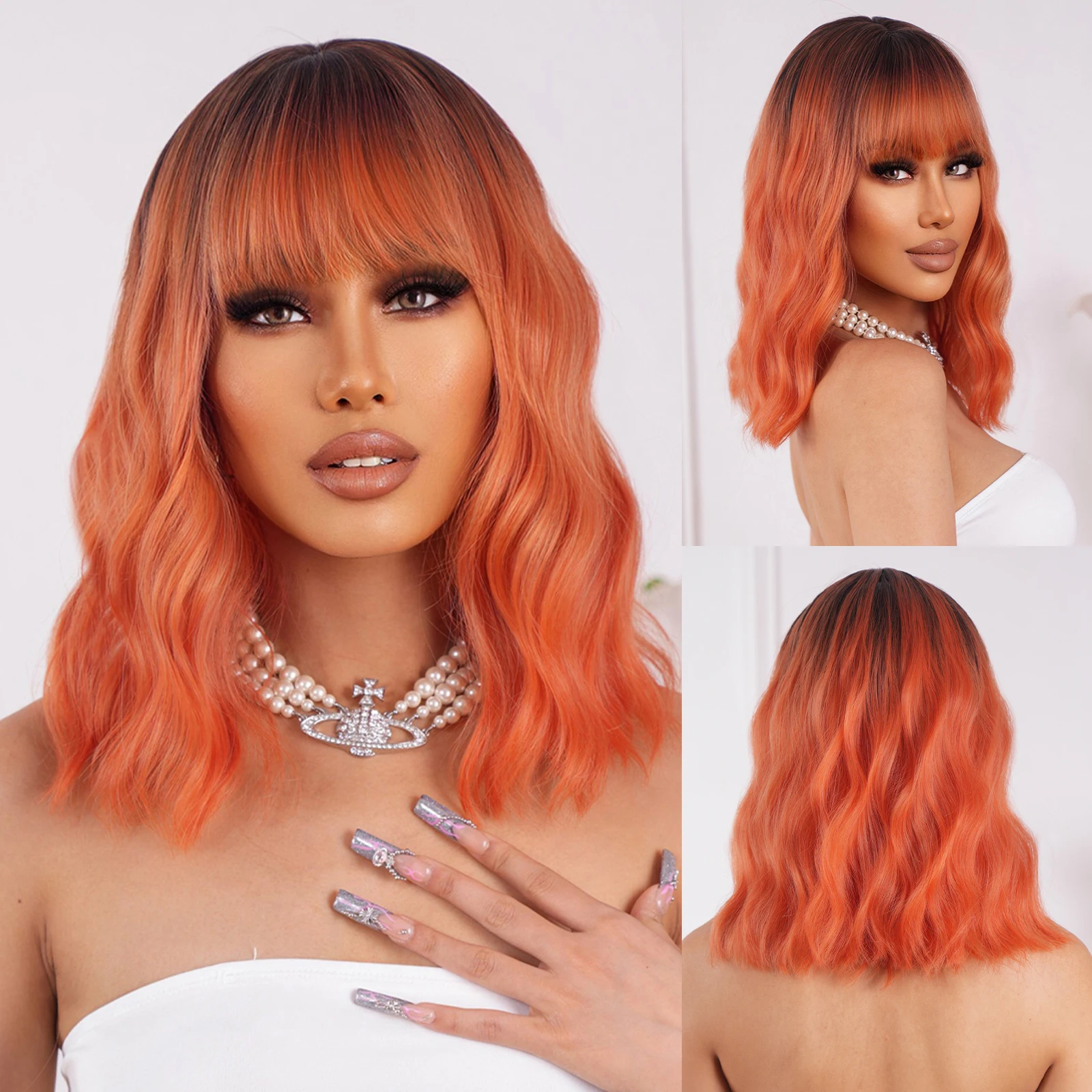 

Short Wavy Synthetic Wigs With Bangs Orange Red Ombre Bob Wigs Dark Root Party Daily Natural Hair Wig for Women High Temperature
