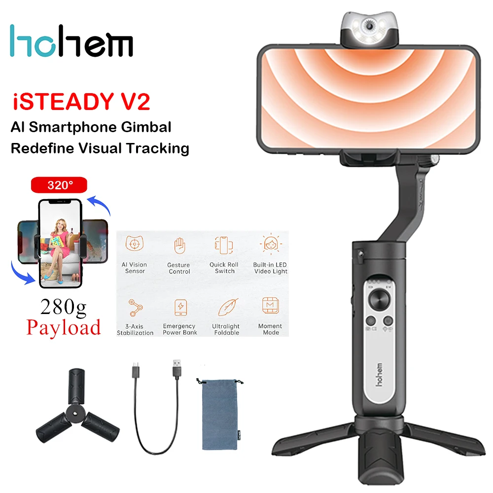 

Hohem iSteady V2 AI Smartphone 3-Axis Gimbal Stabilizer w/AI Visual Tracking LED Video Light with APP Remote Control