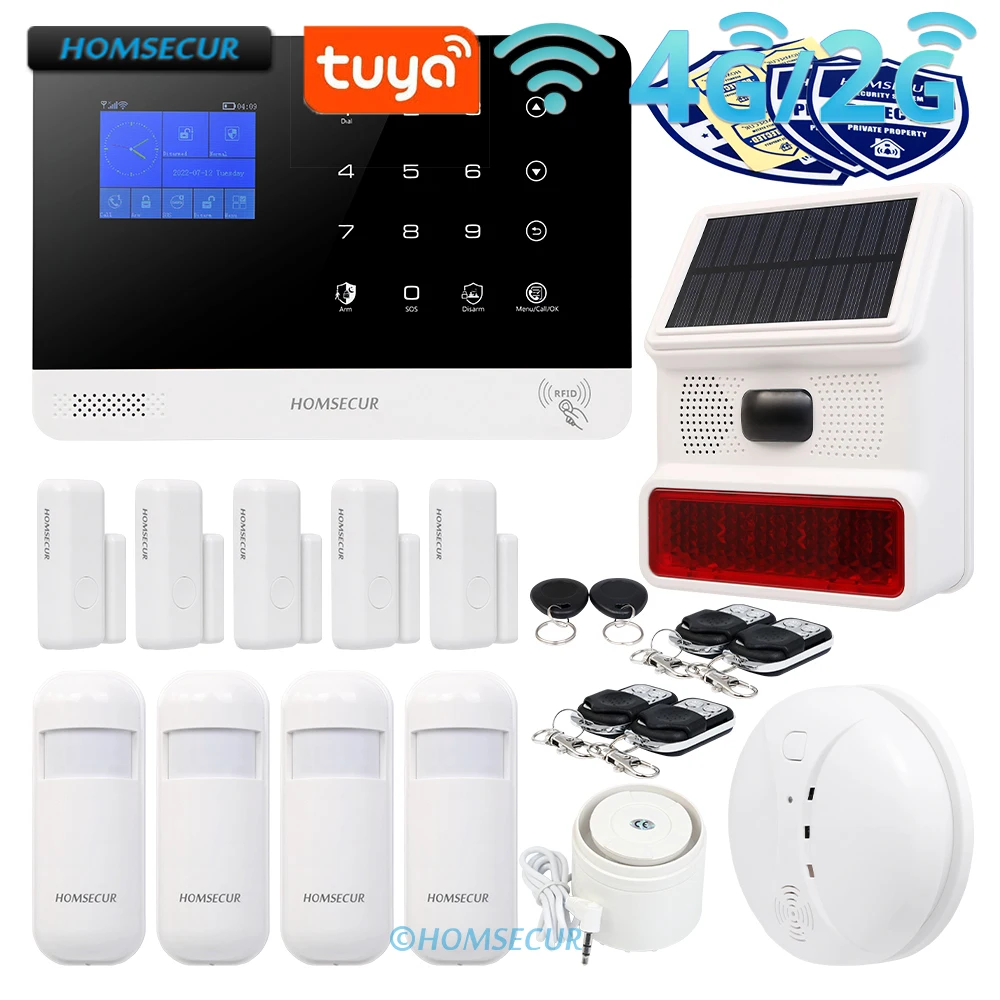 

HOMSECUR беспроводный WIFI 4G GSM RFID LCD домашняя сигнализация с датчиком дыма PIR Беспроводная Солнечная наружная Вспышка Сирена