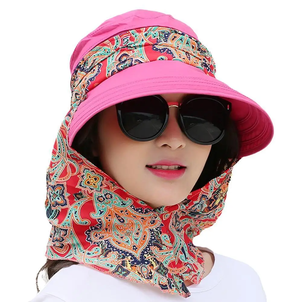 

Lady Women Summer Outdoor Hat Riding Anti-UV Sun Hat Beach Foldable Sunscreen Floral Print Caps Neck Face Wide Brim Hat