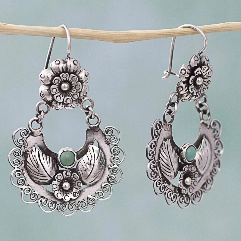 

Exquisite Retro Hollowed Out Carved Flowers and Leaves Inlaid with Turquoise Earrings Party Shopping Versatile Jewelry