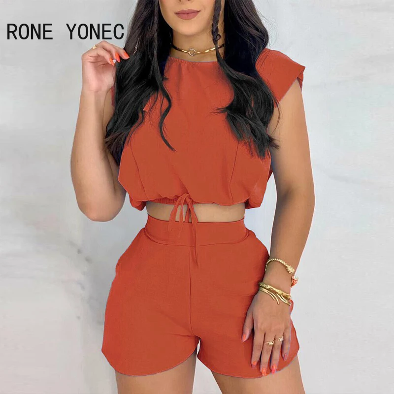 

Женский Повседневный Спортивный короткий топ со шнуровкой и круглым вырезом, однотонные летние короткие комплекты