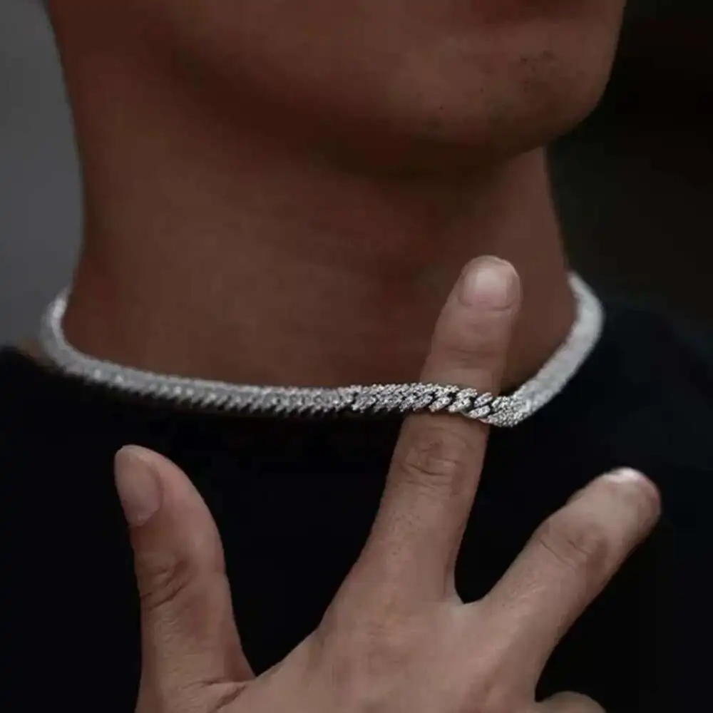 Мужская Серебряная цепочка из кубинской цепи Майами с муассанитом 6 мм в стиле