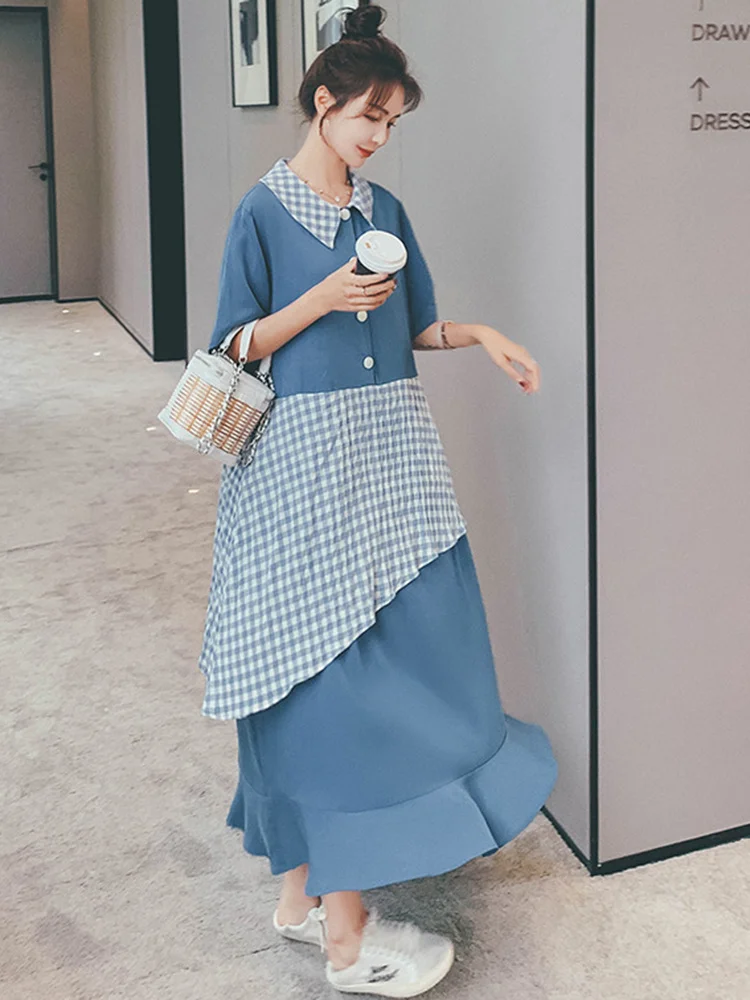 

[Casual Plaid Patchwork Shirt Dress Women's Irregular Flounced Edge Turn-down Collar Dresses 2022 Summer New Style B424