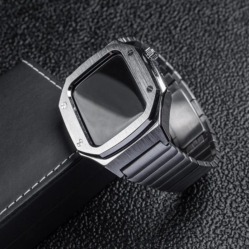 

45mm 44mm Modification Kit Set For Apple Watch 7 6 5 4 Steel Replacement Case Cover and Suit for 22mm Strap Leather Watch Band
