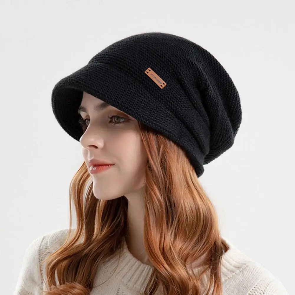 

Women Winter Hat Wide Short Brim Elastic Solid Color Soft Warm Thick Plush Cold Resistant Anti-slip Winter Outdoor Knitted Cap