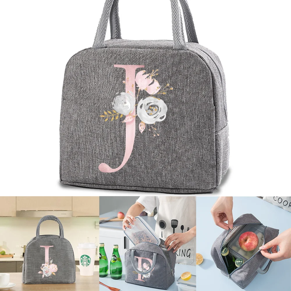 

Lunch Bag Portable Cooler Bags Organizer for Women Kids Food Insulated Thermal Lunch Box Pink Flower Print Handbag Canvas Pouch