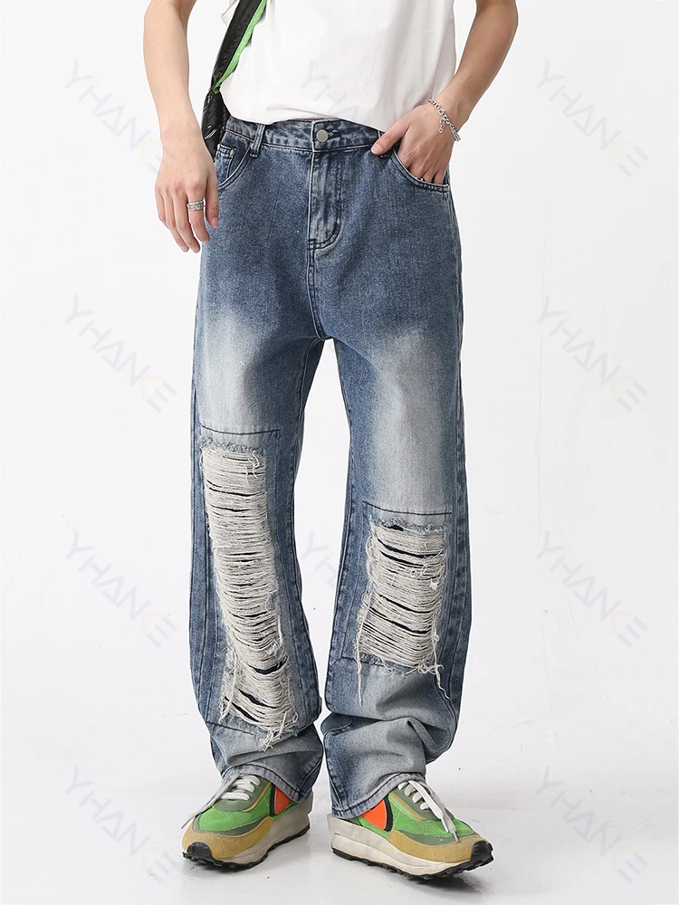 Men's Baggy Jeans Retro Destructive High -end Casual Pants Hip Hop Trend of Jeans Hot Hot Sale To Tear Jeans Men Clothing Pants
