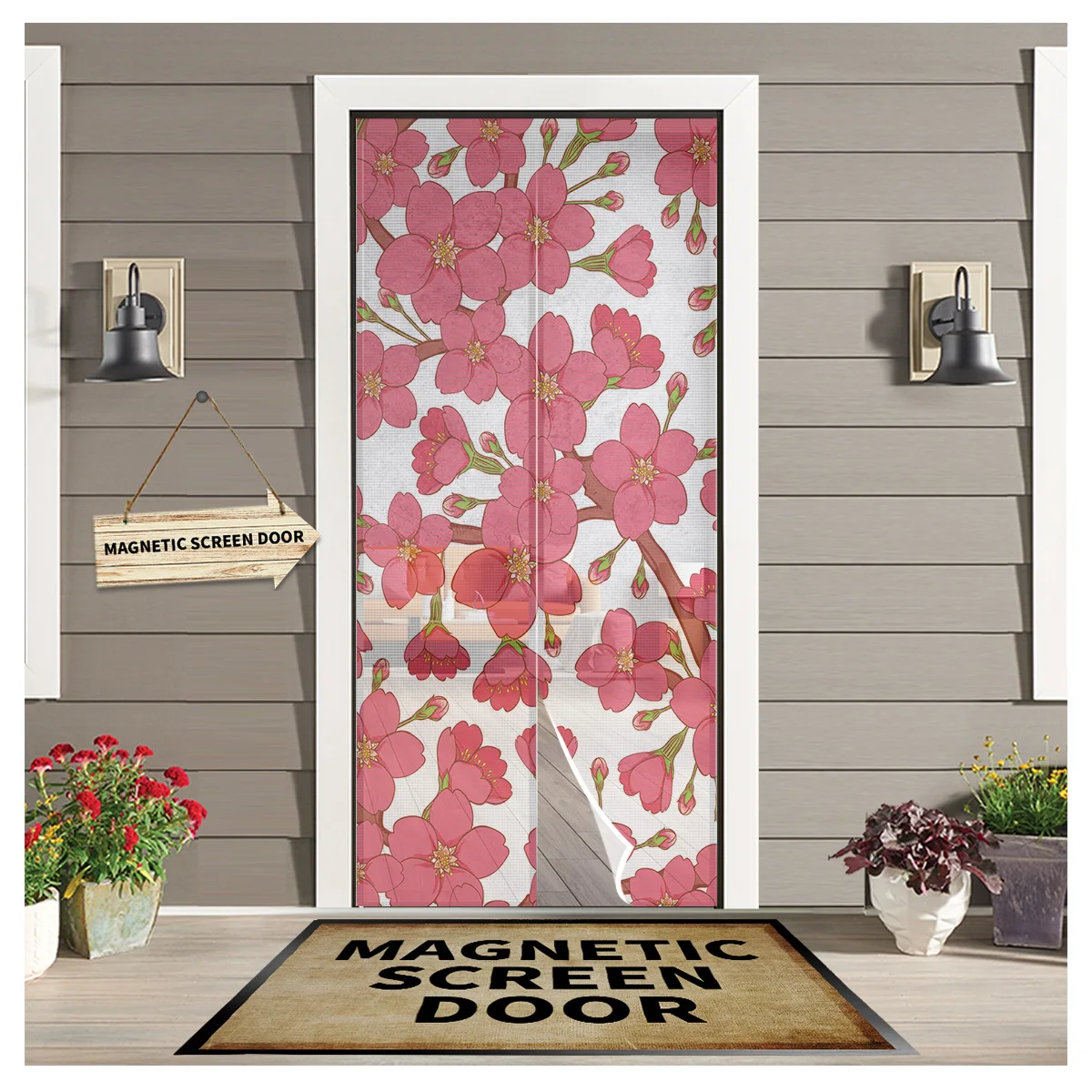 

Москитная занавеска на дверь, Весенняя Магнитная занавеска с цветами и красными ветвями для гостиной, спальни, кухни