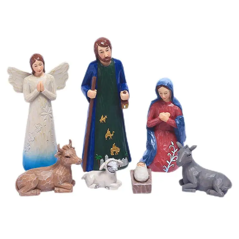 

Nativity Scene Set Christmas Figures Holy Family Statue 7Pcs Baby Jesus Manger Crib Holiday Decoration Indoor