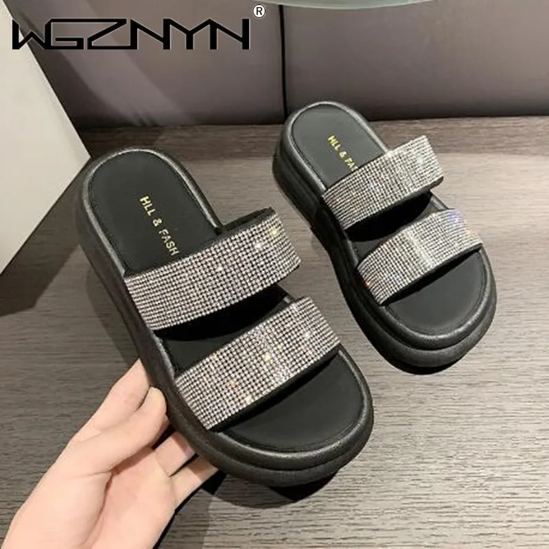 

2023 New Platform Sandals Crystal Double Band Muffins Summer Shoes Woman Gladiator Sandalias Back Strap Glitter Beach Slippers