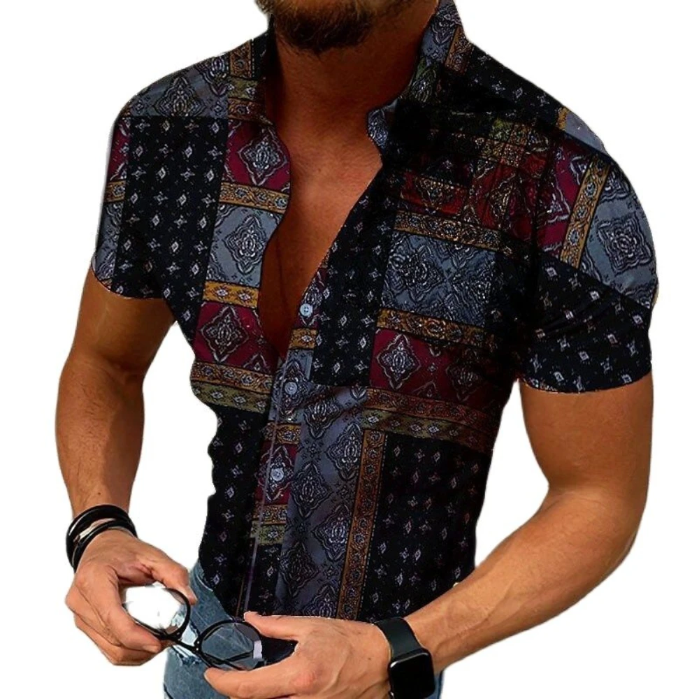 

Мужская однобортная рубашка в стиле ретро, Повседневная деловая рубашка в клетку с коротким рукавом и принтом, европейский размер