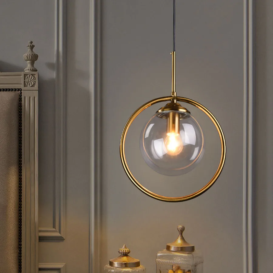

Modern Glass Ball Pendant Lights Iron Ring Globe Pendant Light Fixture Bedside Shop Restaurant Droplight Golden Suspension Light