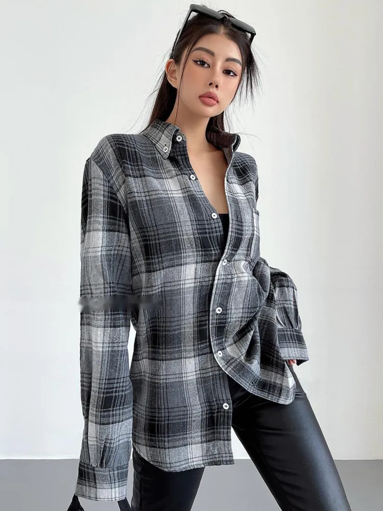 

Женская свободная рубашка в американском стиле, серая рубашка в клетку с длинным рукавом, модная Женская Корейская рубашка в стиле ретро, ве...