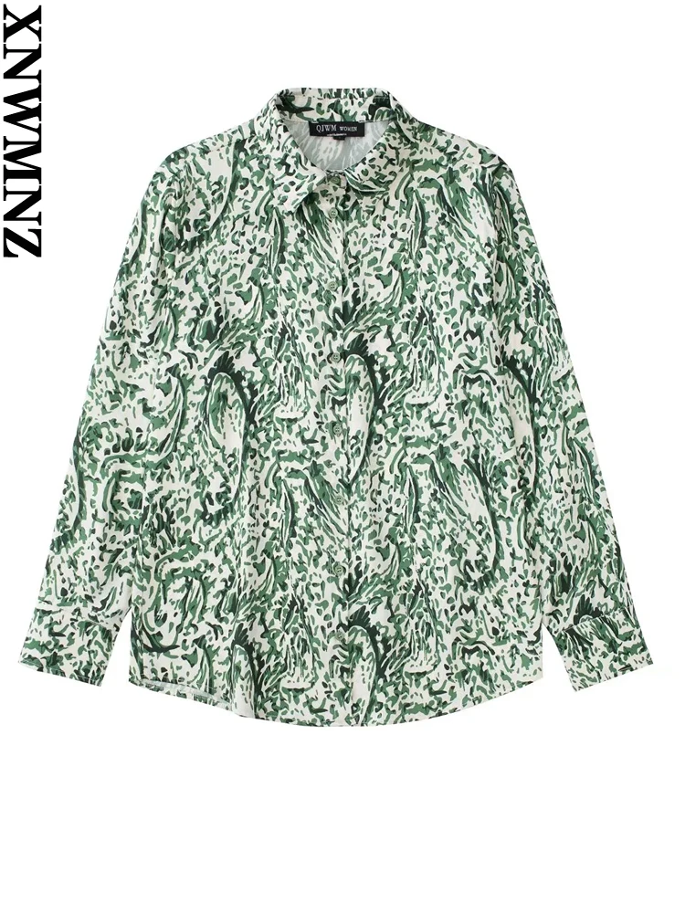 

XNWMNZ 2022 Spring Summer Ladies Fashion Printed Silk Shirt Ladies Retro Lapel Long Sleeve Top Chic Shirt Women