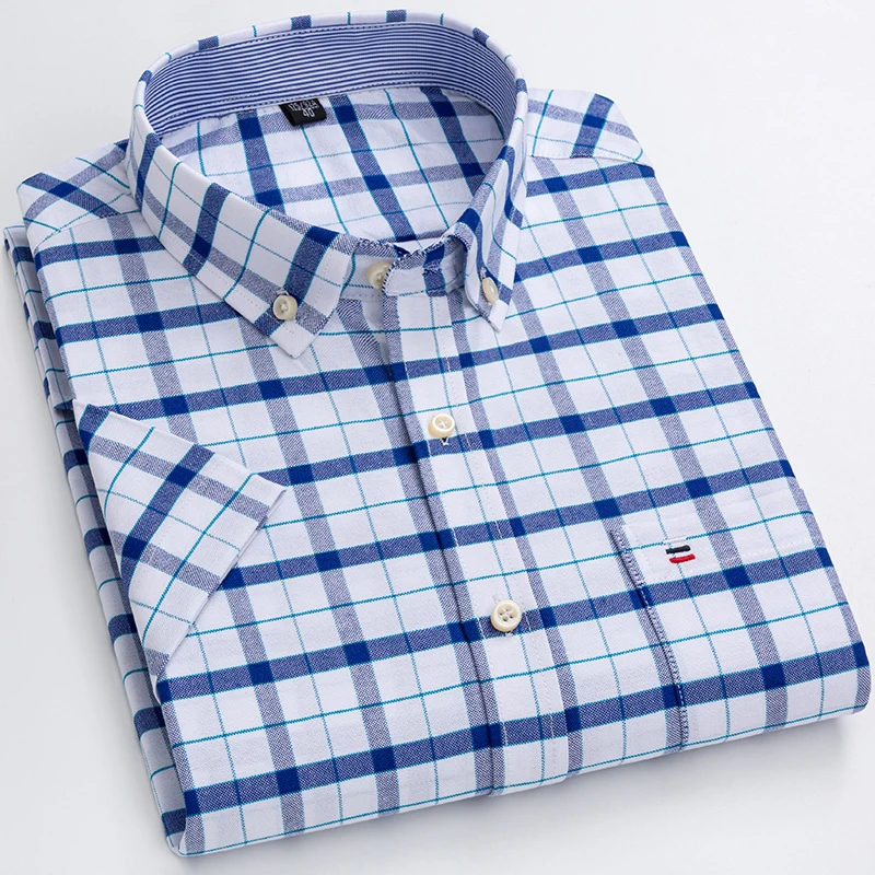 New Oxford Causal Shirts For Men Summer Short Sleeved Leisure Regular Fit Plaid Shirt Square Collar Soft Male Tops Front Pocket