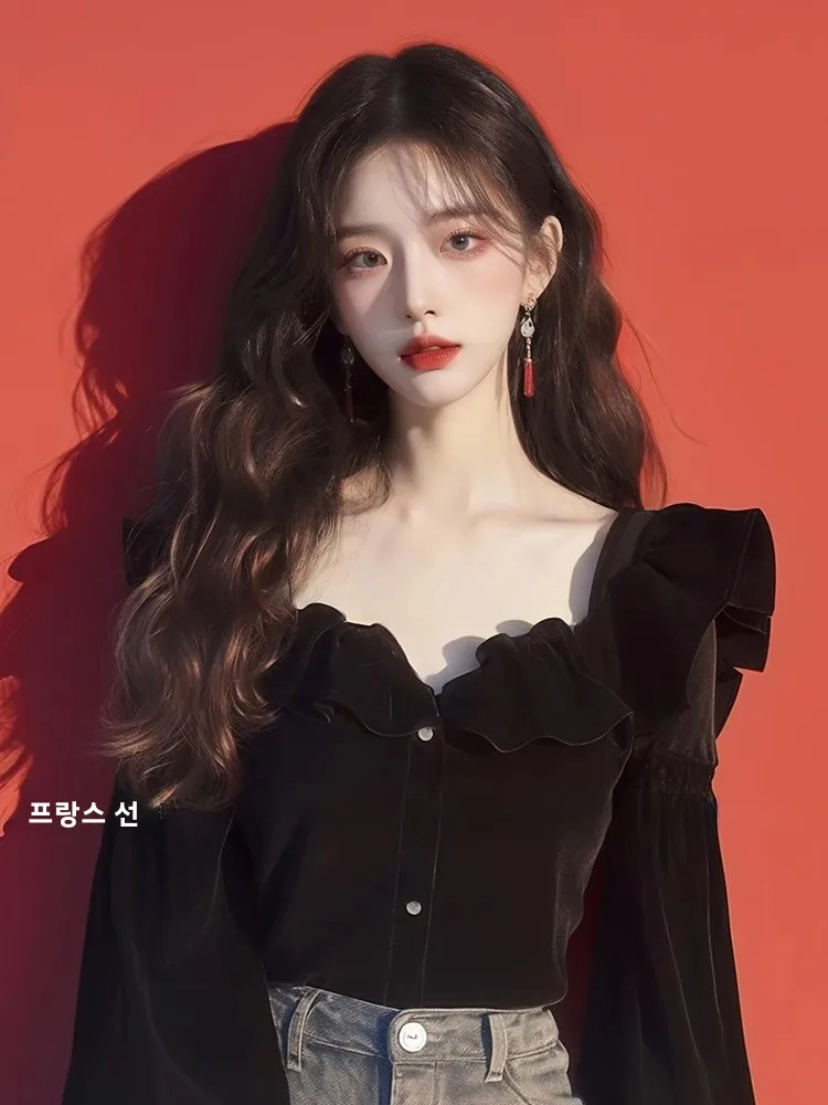 Черные бархатные топы French Sle Hepburn Wind женские 2024 ранняя осень Новое поступление